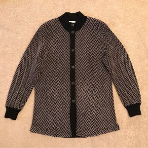 Anne Pedersen Soft Wool Cardigan Sweater Womens Size Medium Grey Black Chevron